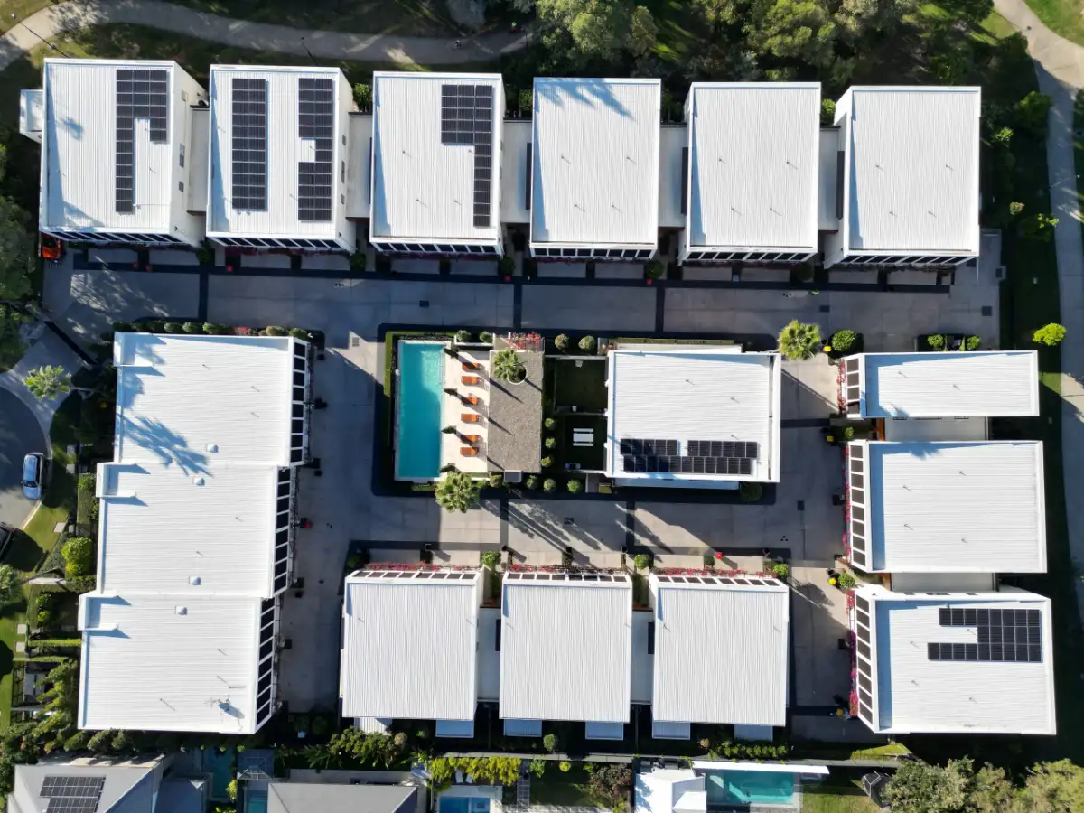 Drone view of metal roofs on a Brisbane townhouse complex